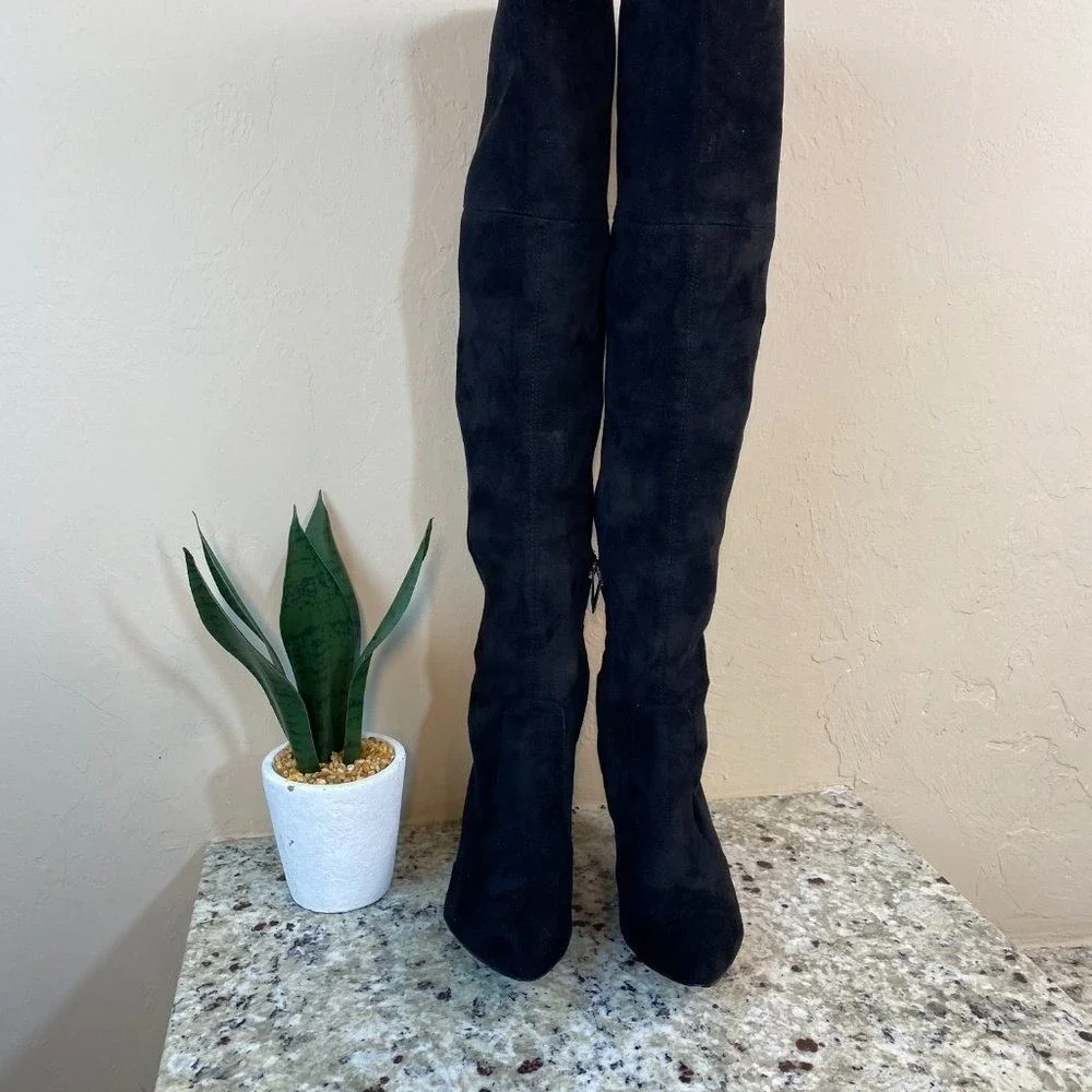 Sam Edelman Black Suede Over The Knee Kitten‎ Heel Boots Size 6 Pointed Toe Tie